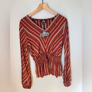 NWT Angie Striped Peplum Blouse Smocked Waist Ginger Brown Boho Retro Sz L
